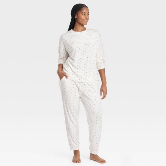 New Auden Fleece Pullover Top and Joggers Pajama Set Cream White Black Dot XXL - Picture 1 of 5